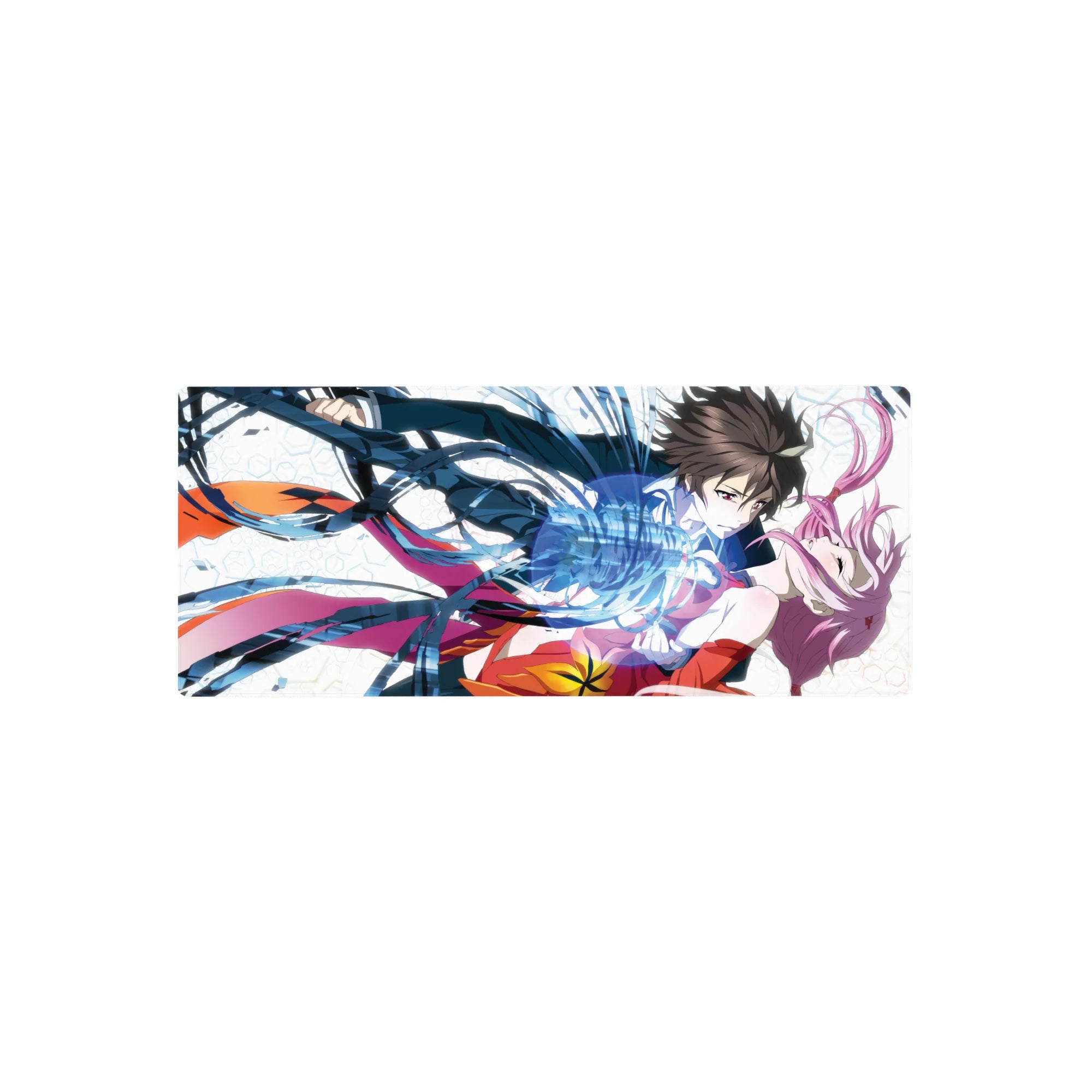 Anime girl mouse pad 28x12 inches with pink-haired heroine and boy, blue energy ribbons, geometric backdrop.