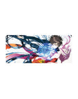 Anime girl mouse pad 28x12 inches with pink-haired heroine and boy, blue energy ribbons, geometric backdrop.