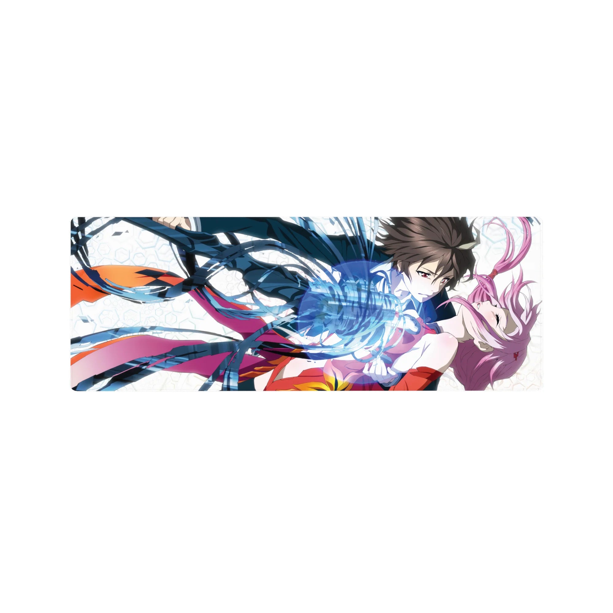 Anime girl mouse pad 32x12 inches with boy catching pink-haired girl, blue energy ribbons, geometric white bg.