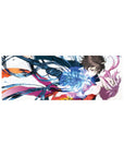Anime girl mouse pad 32x12 inches with boy catching pink-haired girl, blue energy ribbons, geometric white bg.