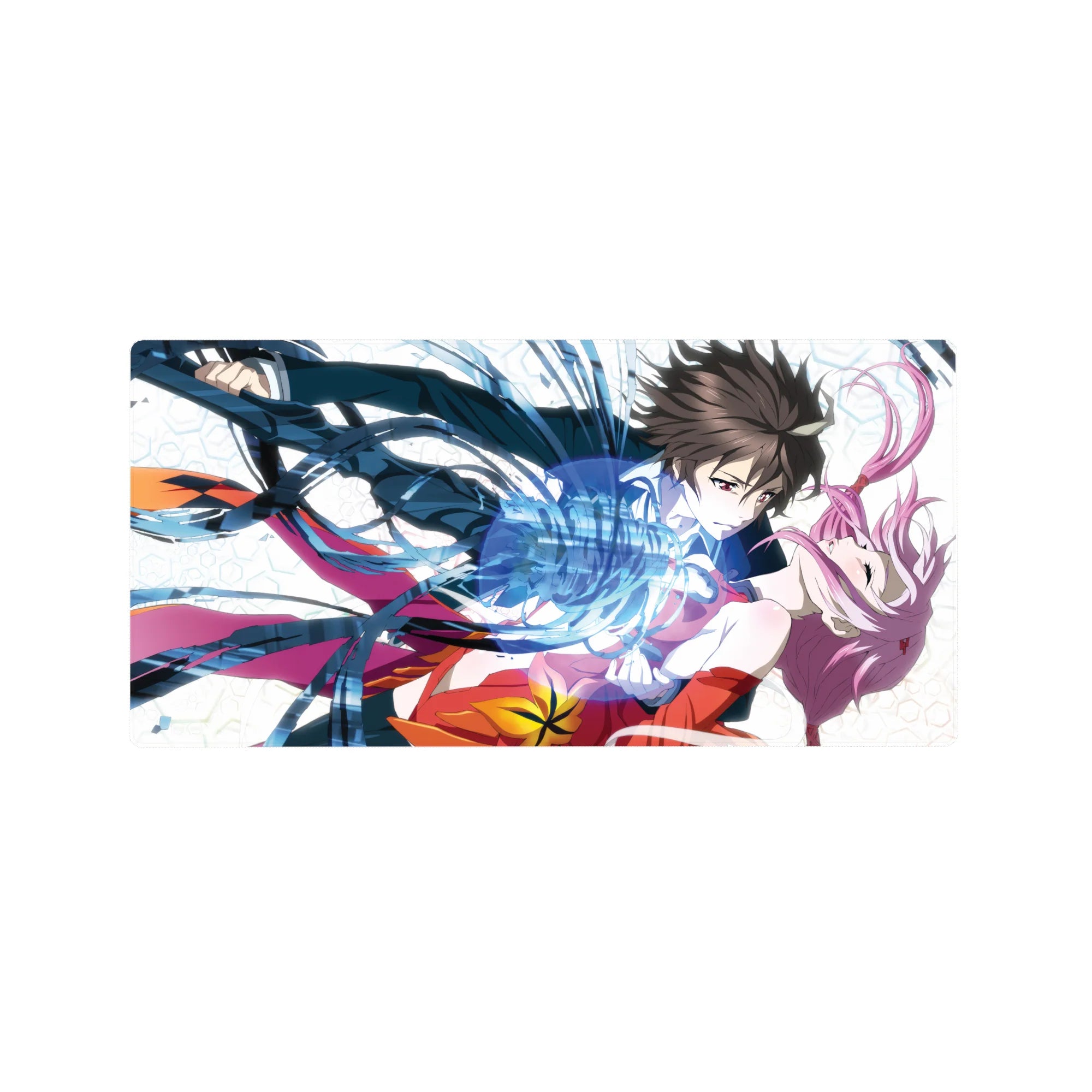 Anime girl mouse pad 32x16 inches with falling couple, blue energy ribbons, clean geometric backdrop.