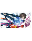 Anime girl mouse pad 32x16 inches with falling couple, blue energy ribbons, clean geometric backdrop.