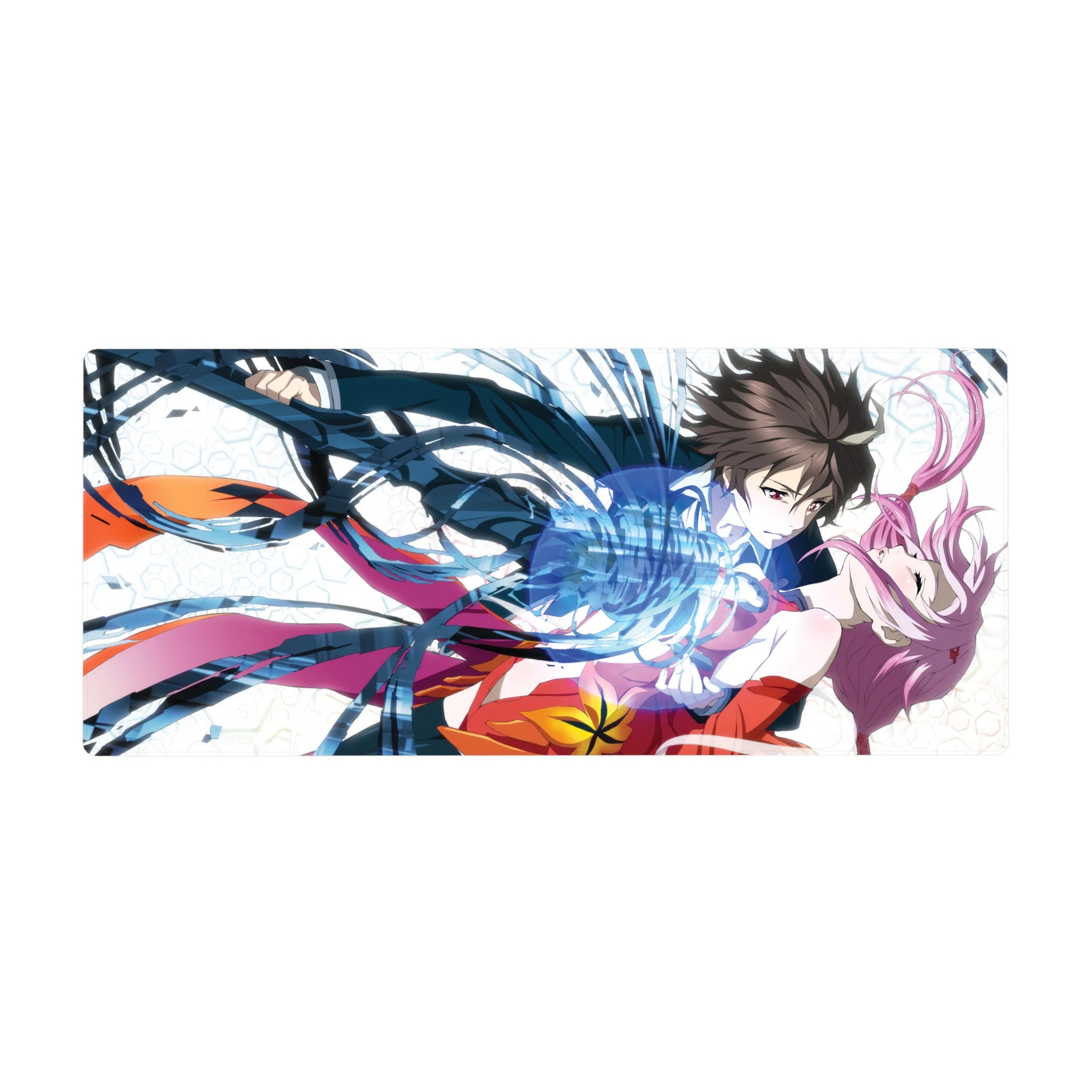 Anime girl desk pad 36x16 inches with geometric white background and dynamic blue energy ribbons.
