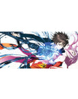 Anime girl desk pad 36x16 inches with geometric white background and dynamic blue energy ribbons.