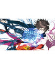 Anime girl desk pad 40x20 inches with pink-haired heroine, blue energy ribbons, clean geometric backdrop.