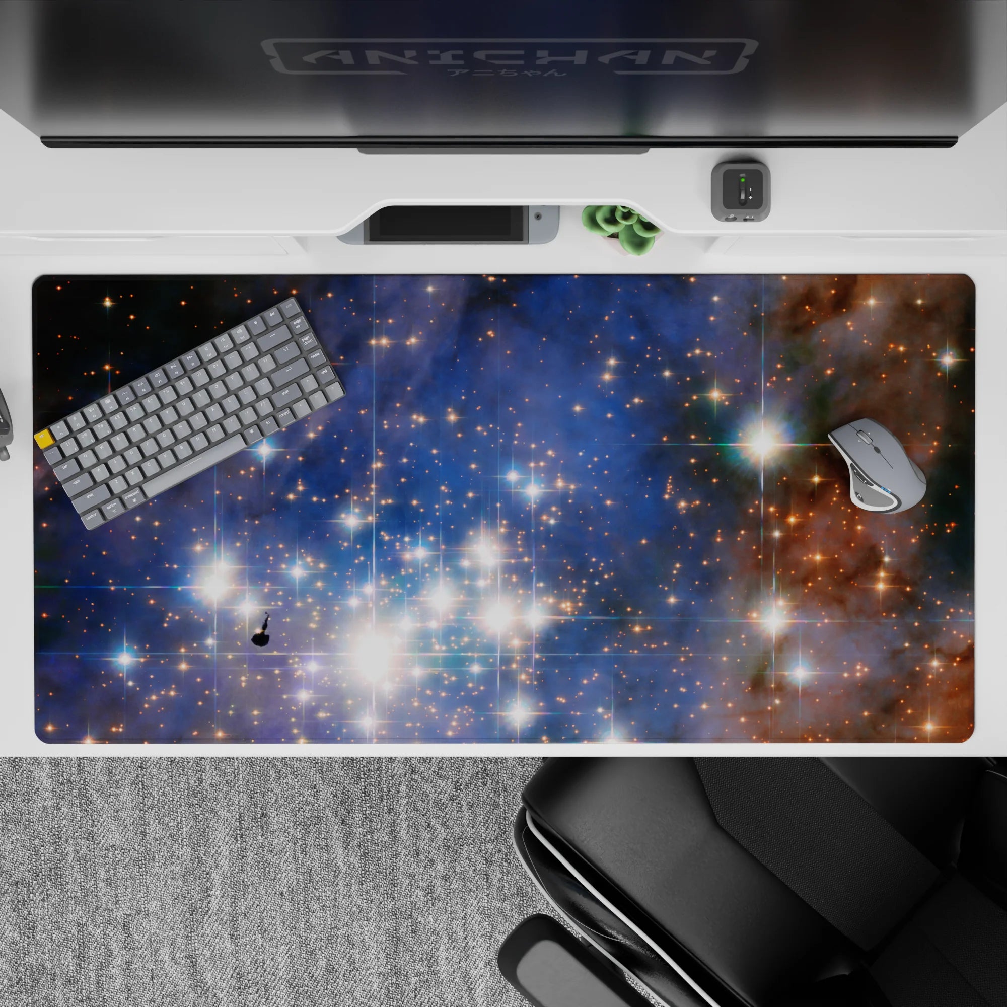Smoky blue and warm amber nebula mood desk pad 40x20 inches, calm late-night glow.