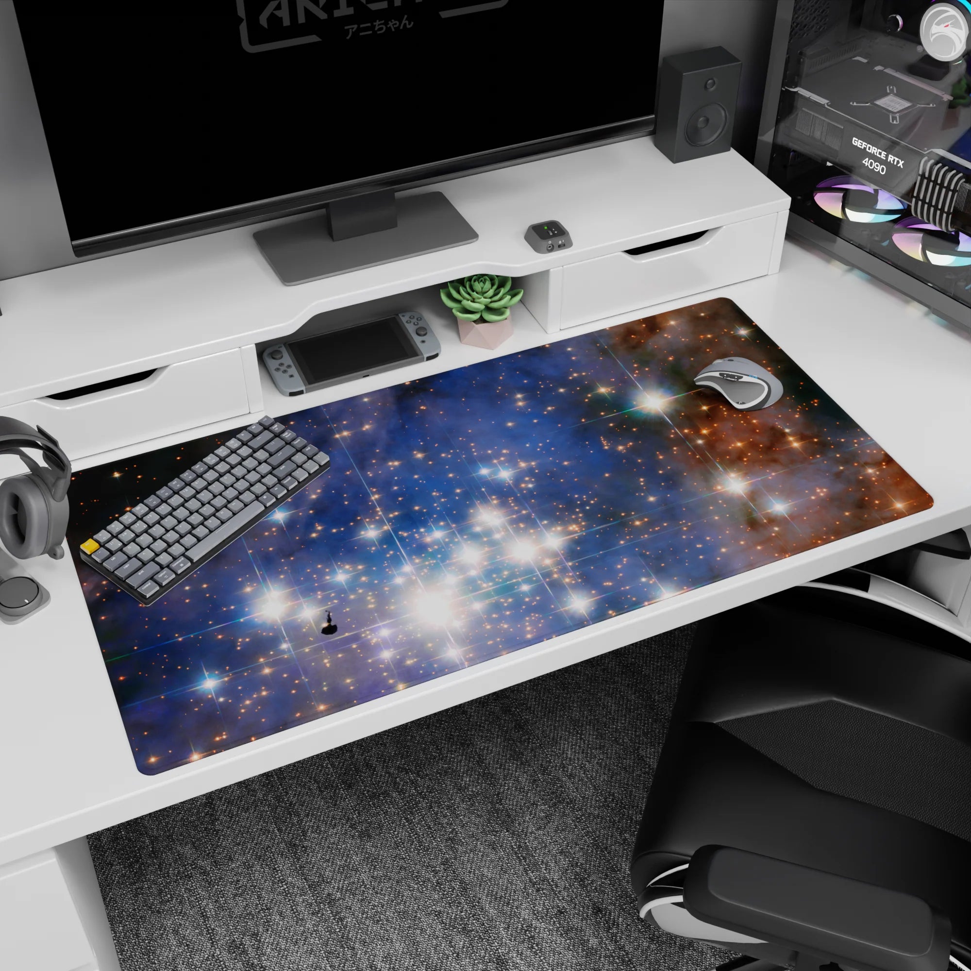 Starburst-filled galaxy scene desk pad 40x20 inches with tiny glittering stars and clouds.