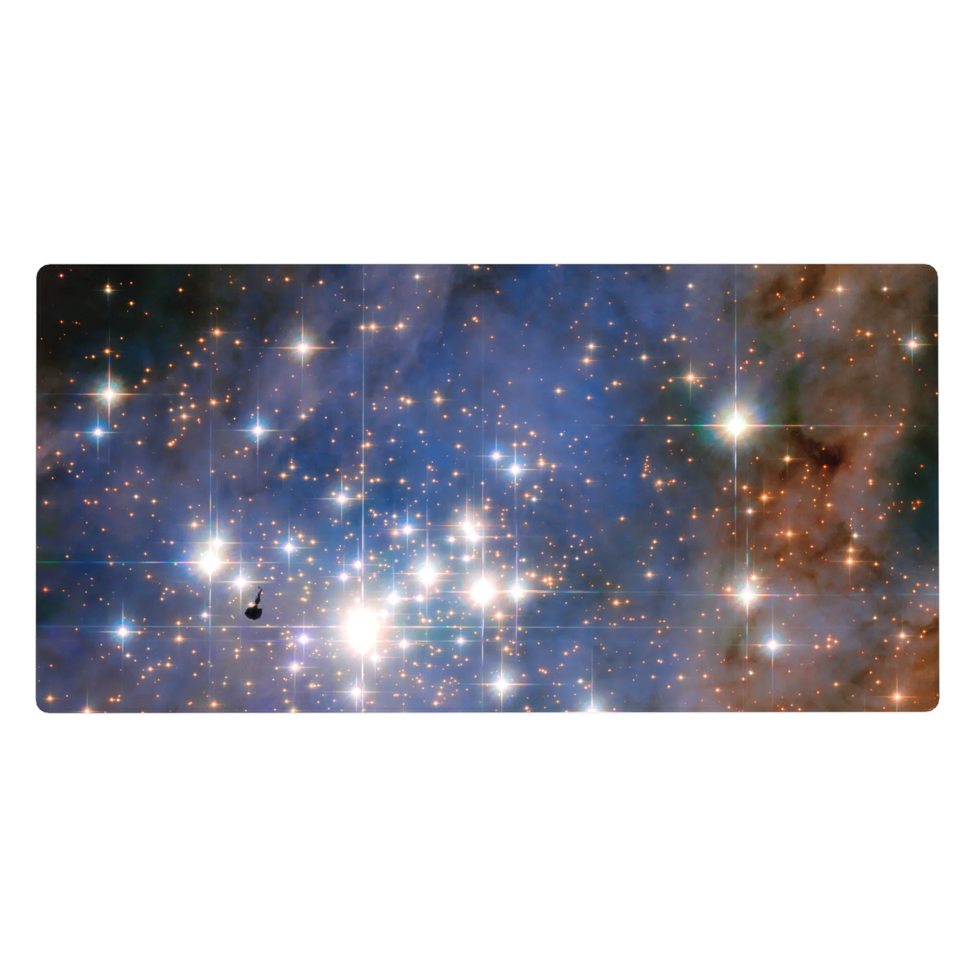 Cosmic starfield desk pad 40x20 inches with glittering dots and bright starbursts.