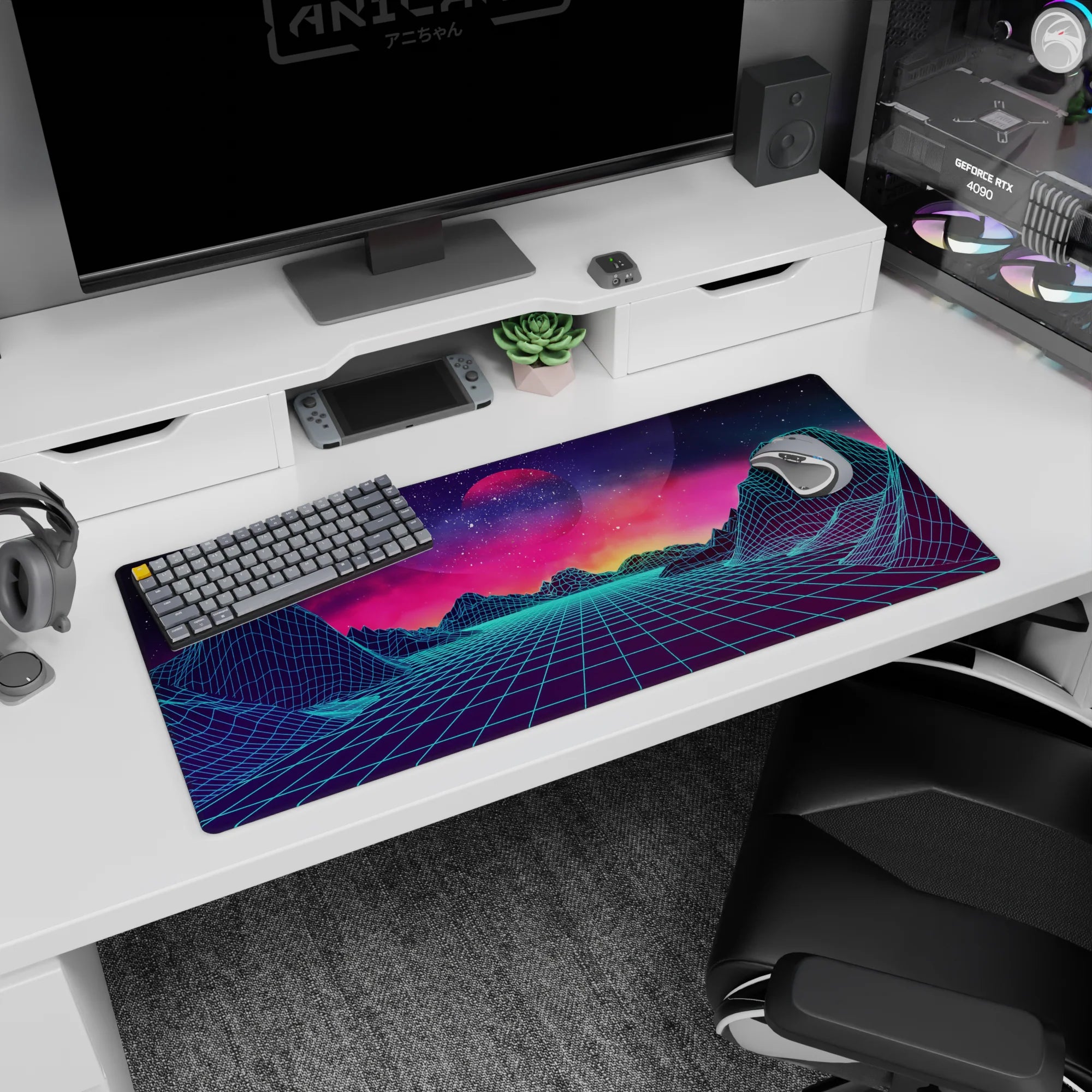 Retrowave - Vaporwave Deskmat | Mousepad | Deskpad - Neon Horizon Dreams - AniChan