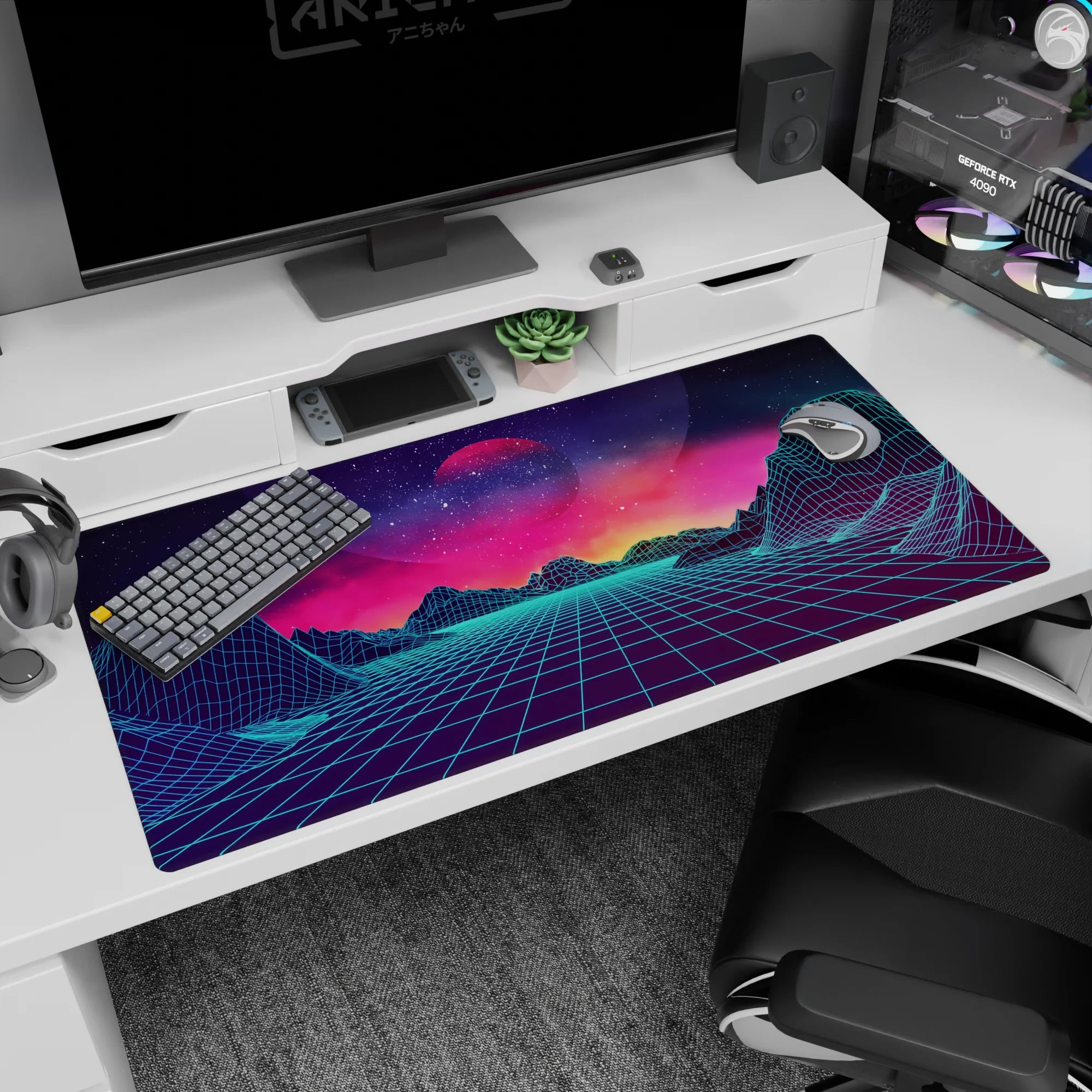 Retrowave - Vaporwave Deskmat | Mousepad | Deskpad - Neon Horizon Dreams - AniChan