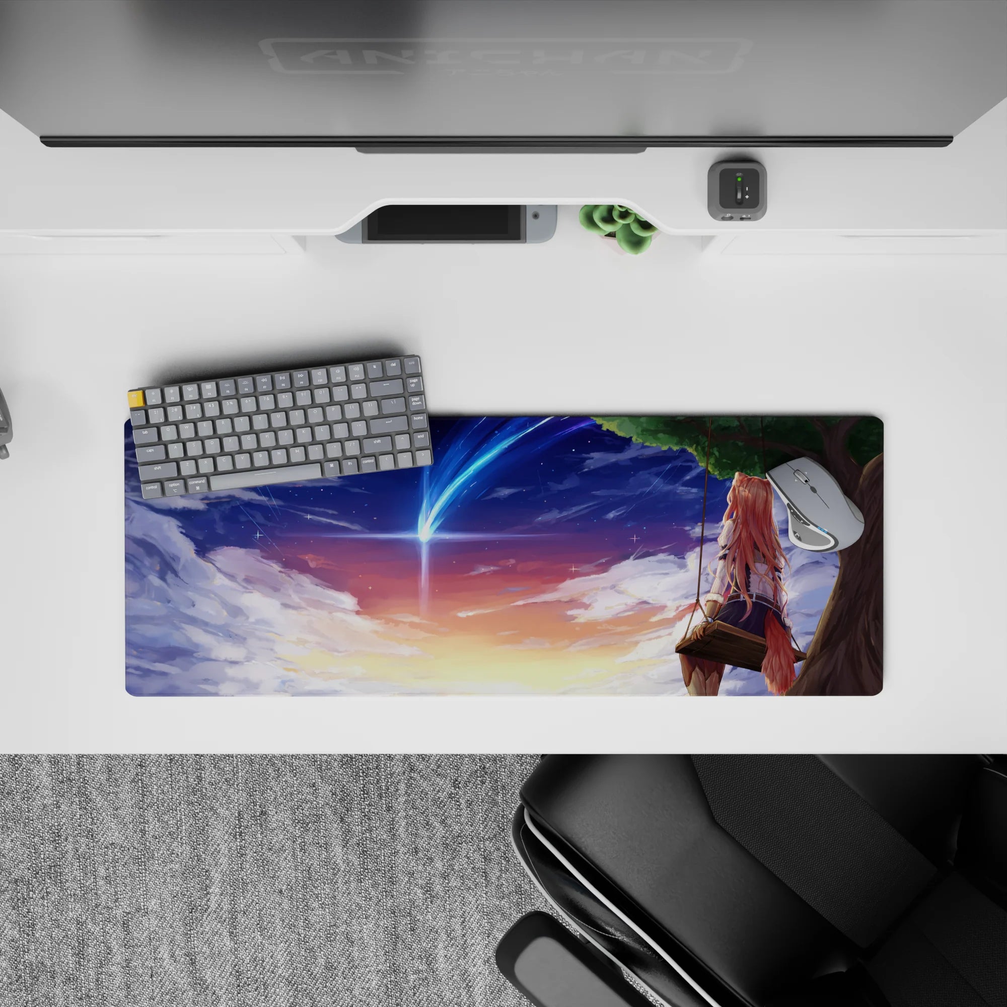 32x12 inches anime mouse pad in peach, gold, and violet gradients with calm starry horizon.