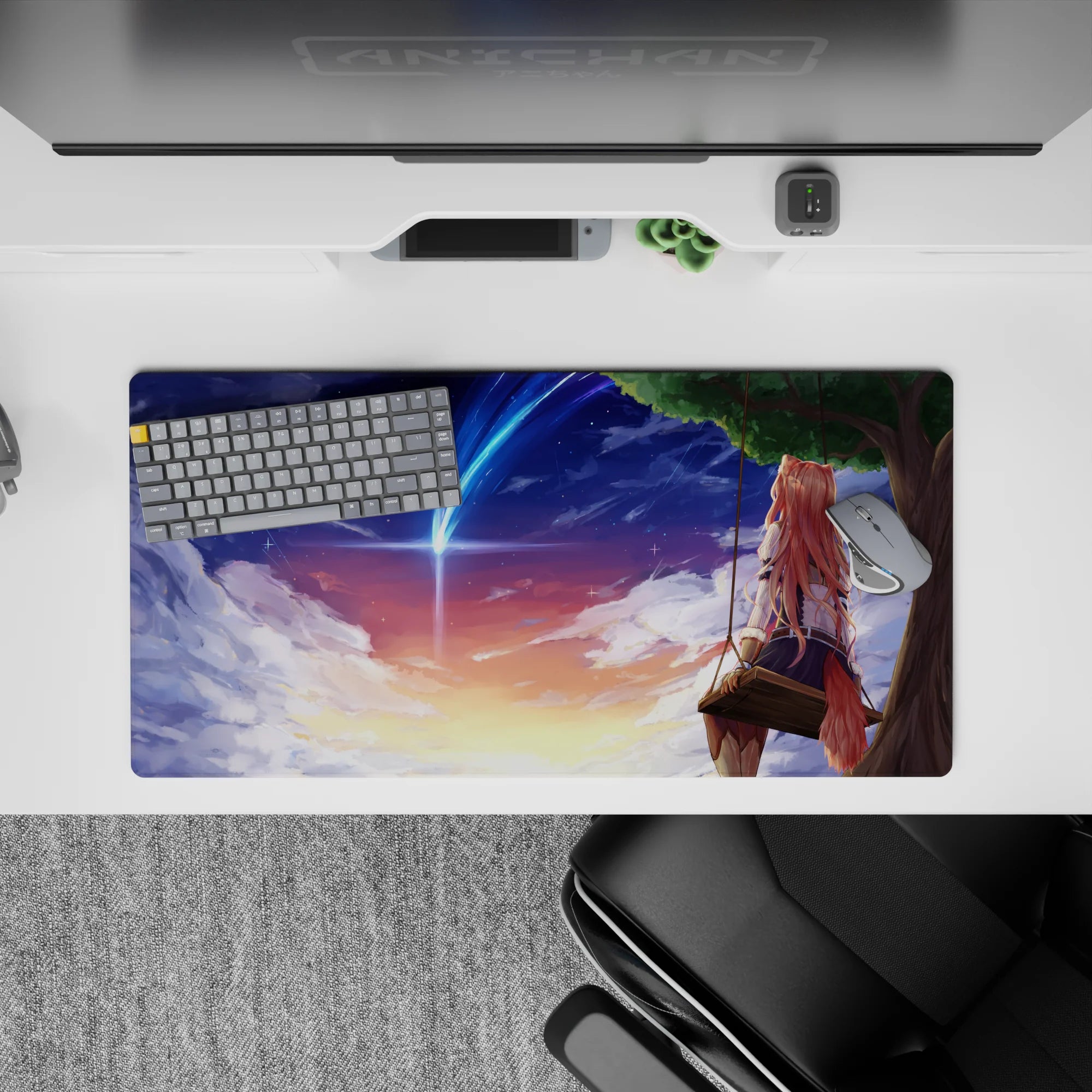 Anime mouse pad 32x16 inches in peach, gold, and violet gradients with glittering stars, calming.