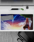 Anime mouse pad 32x16 inches in peach, gold, and violet gradients with glittering stars, calming.