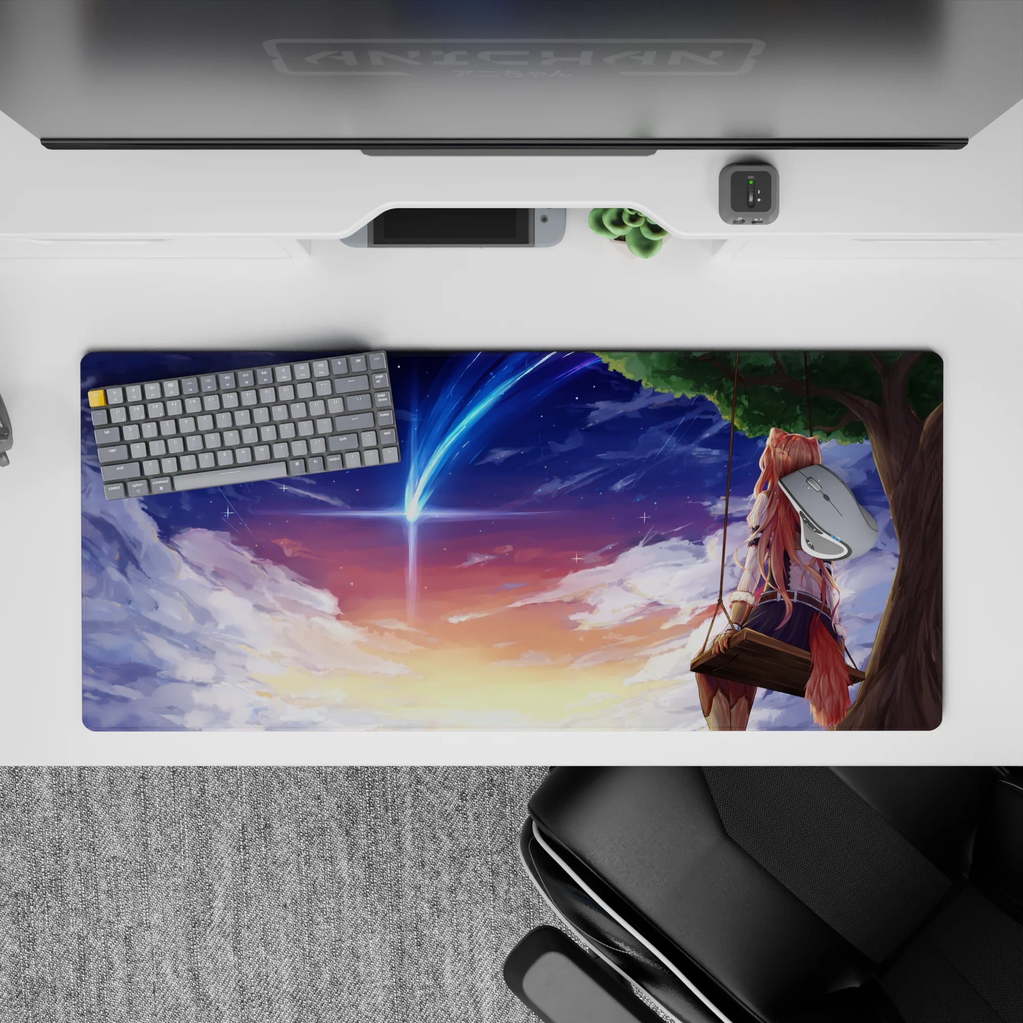 36x16 inches anime desk pad in peach, gold, and violet gradients with glitter stars and calm horizon.