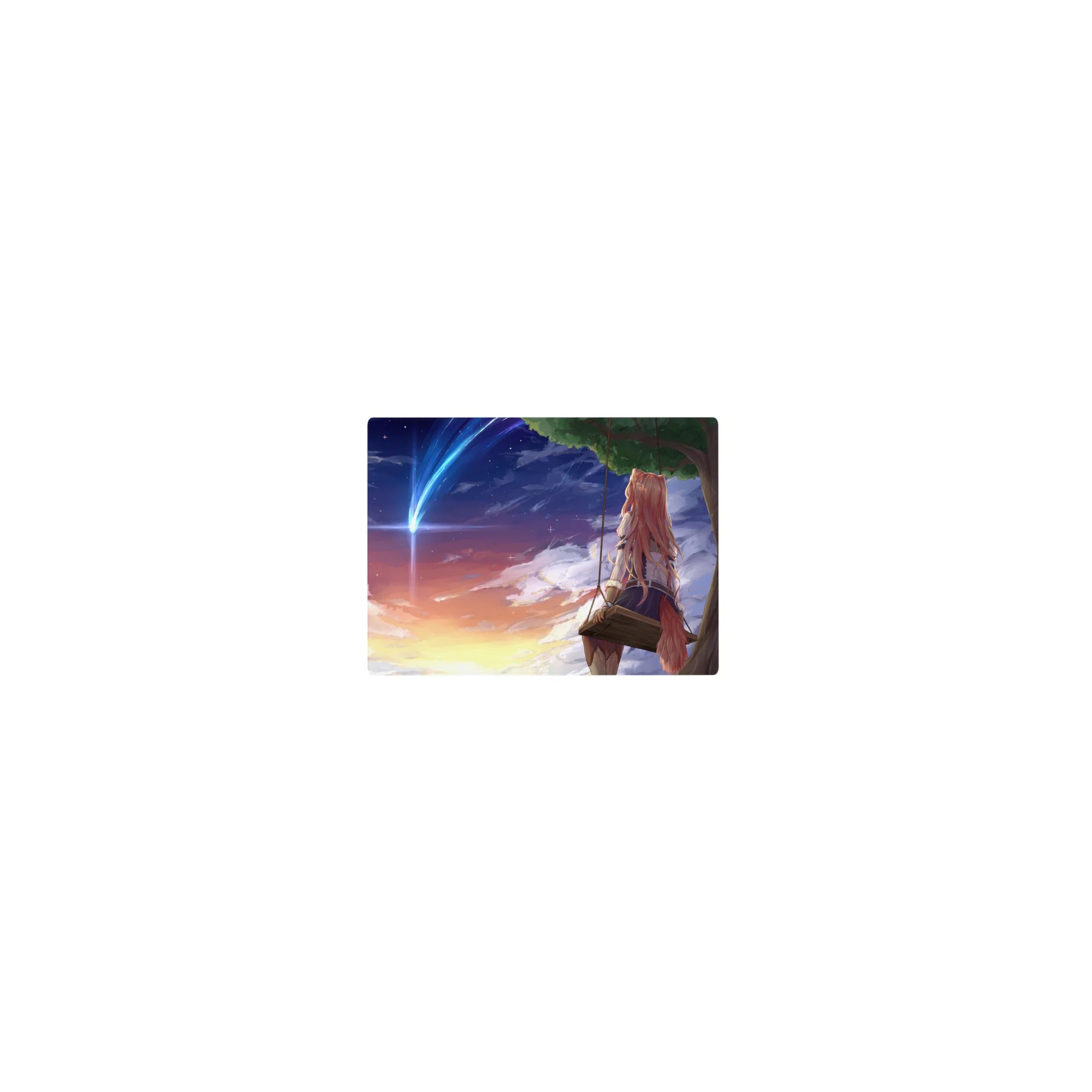Classic anime mouse pad 14x10 inches with fox-eared girl on swing under comet, sunset sky backdrop.