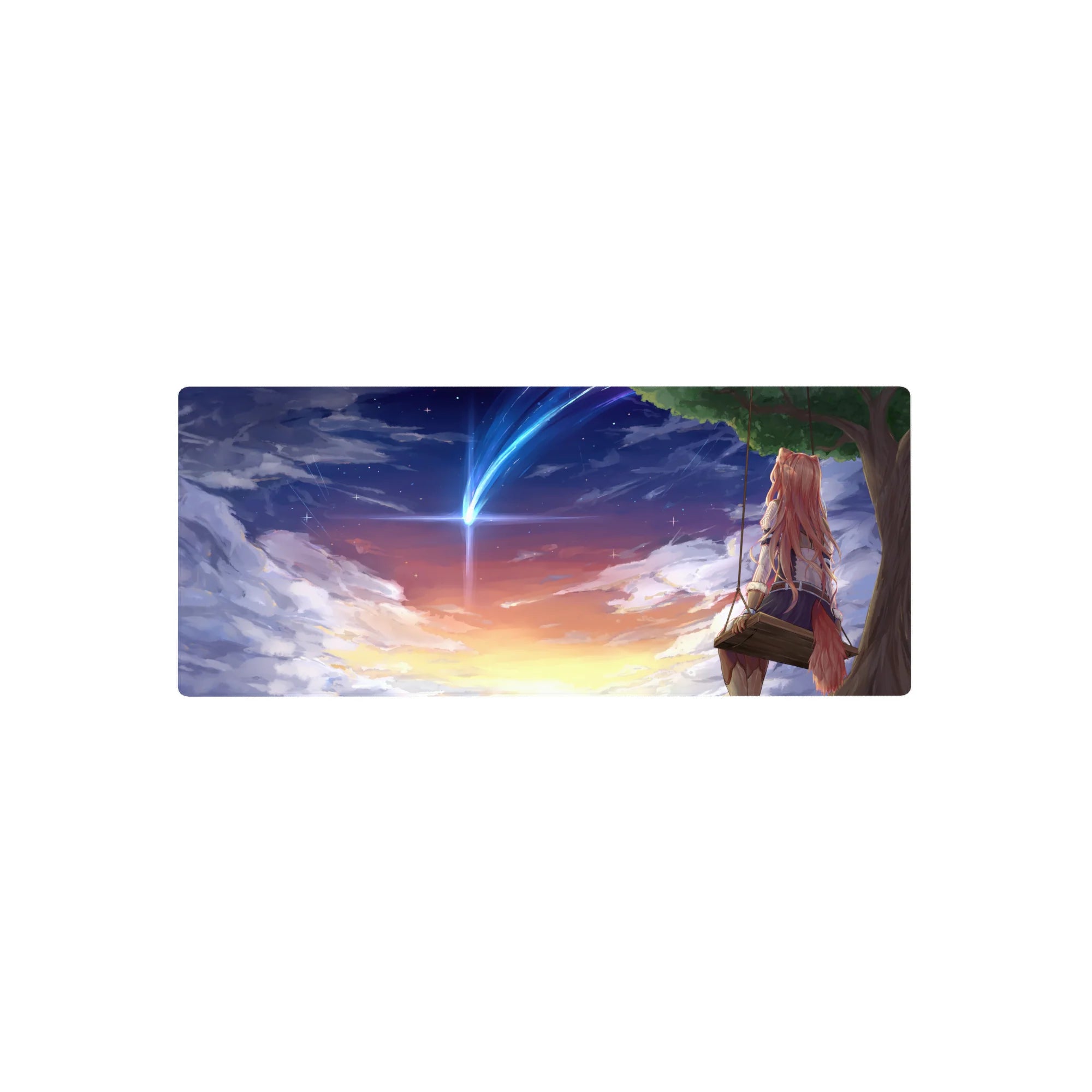 28x12 inches anime mouse pad with fox-eared girl on swing under comet and starry sunset sky.
