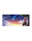 28x12 inches anime mouse pad with fox-eared girl on swing under comet and starry sunset sky.
