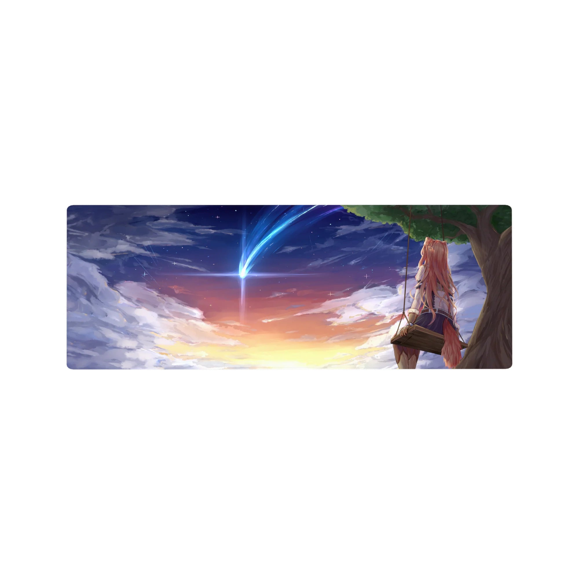32x12 inches anime mouse pad with fox-eared girl on swing under comet, sunset-to-night sky.