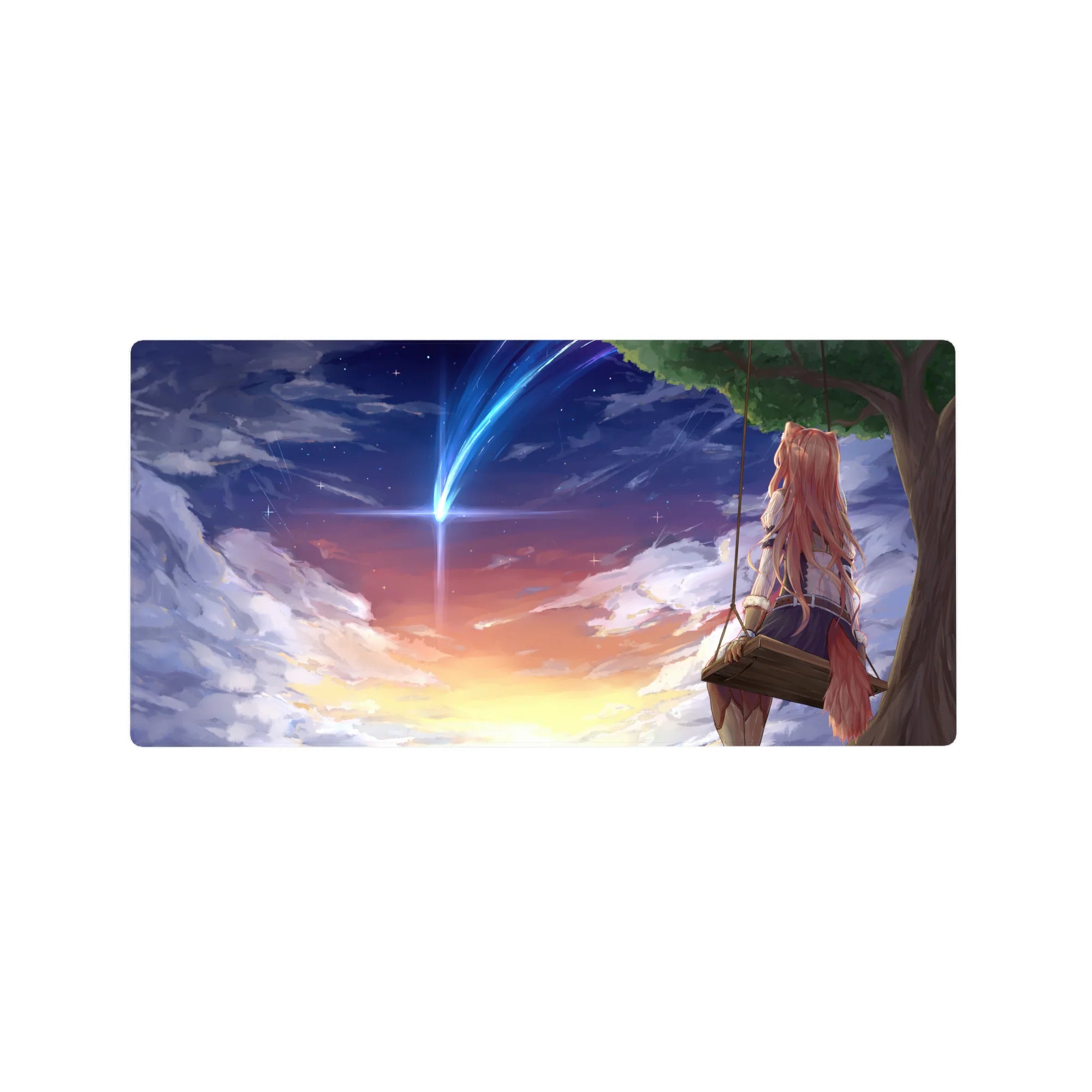 Anime mouse pad 32x16 inches with fox-eared girl on swing under comet at sunset sky.