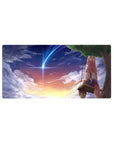 Anime mouse pad 32x16 inches with fox-eared girl on swing under comet at sunset sky.