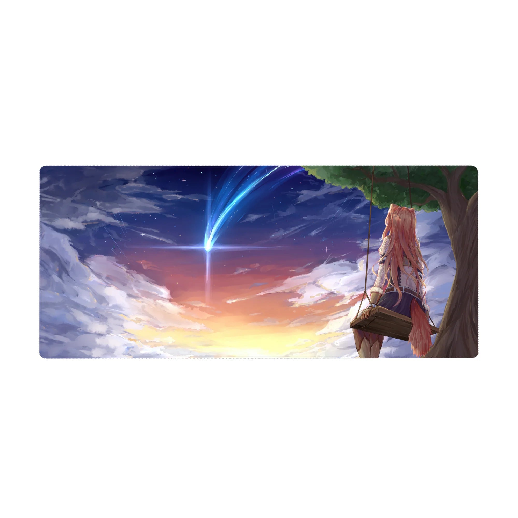 36x16 inches anime desk pad with fox-eared girl on swing under comet, sunset-to-night sky scene.