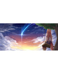 36x16 inches anime desk pad with fox-eared girl on swing under comet, sunset-to-night sky scene.