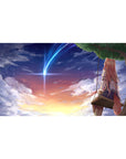 Anime desk pad 40x20 inches with fox-eared girl on swing under comet, sunset-to-night sky scene.