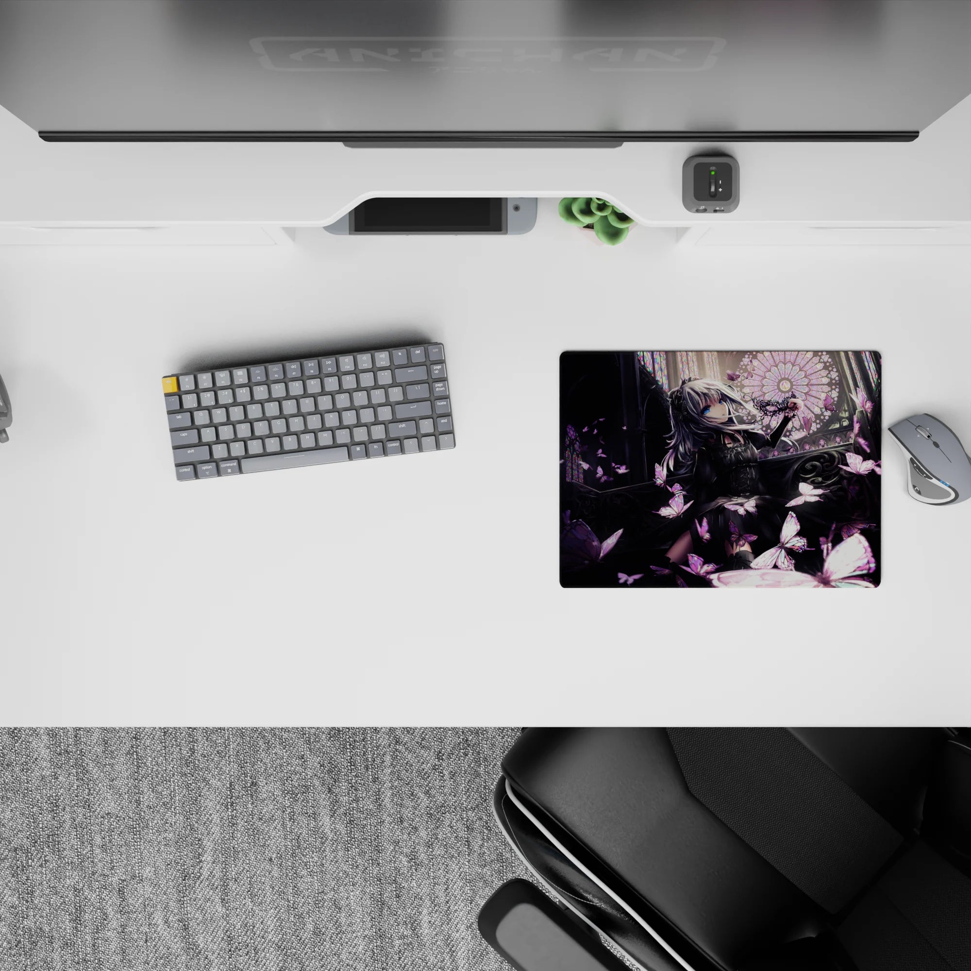 14x10 inches anime mouse pad in deep purples and charcoal shadows, cozy gothic mood with rose highlights.