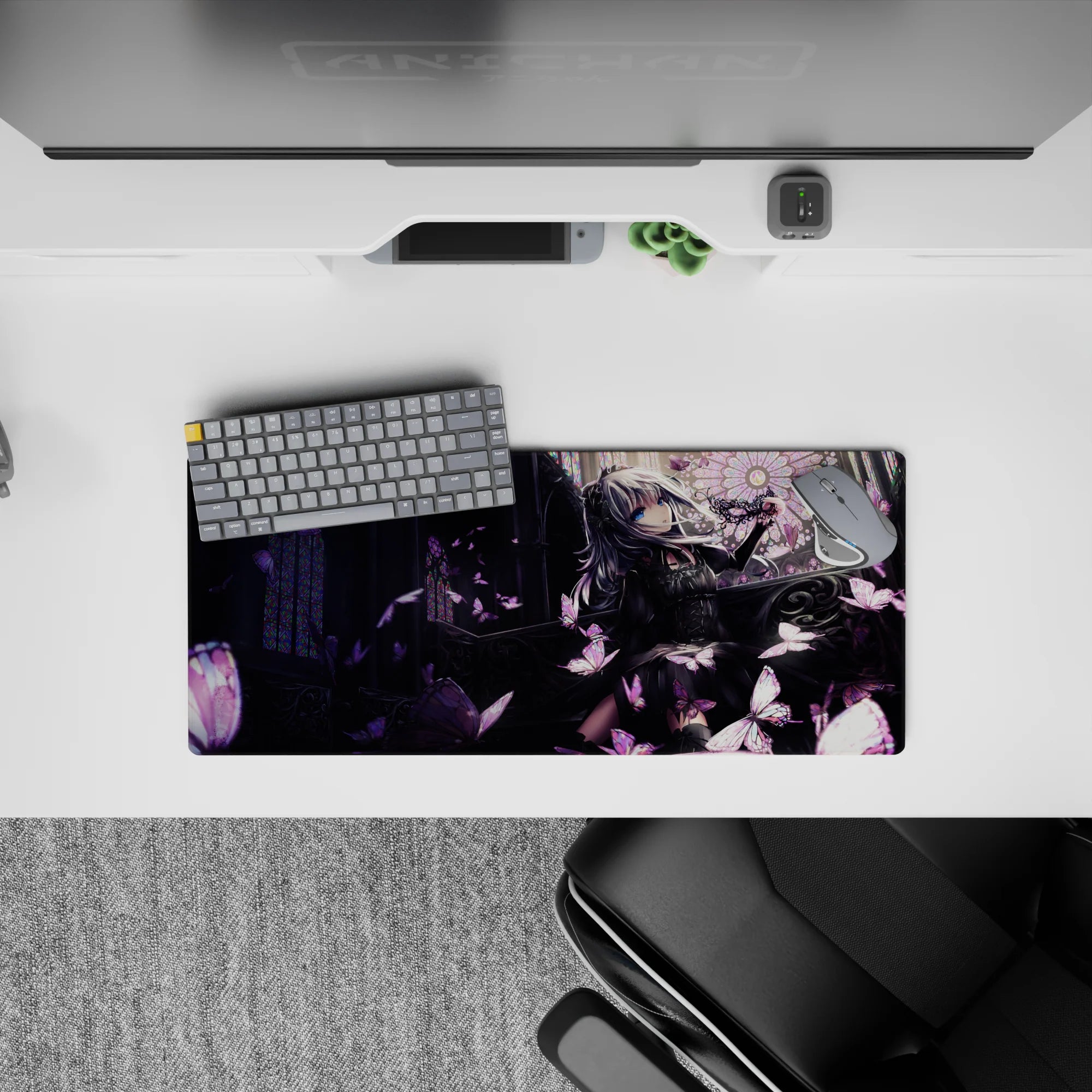Moody purple-black anime mouse pad 28x12 inches with rose highlights and soft pink butterflies, cozy gothic feel.