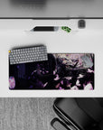 Moody purple-black anime mouse pad 28x12 inches with rose highlights and soft pink butterflies, cozy gothic feel.