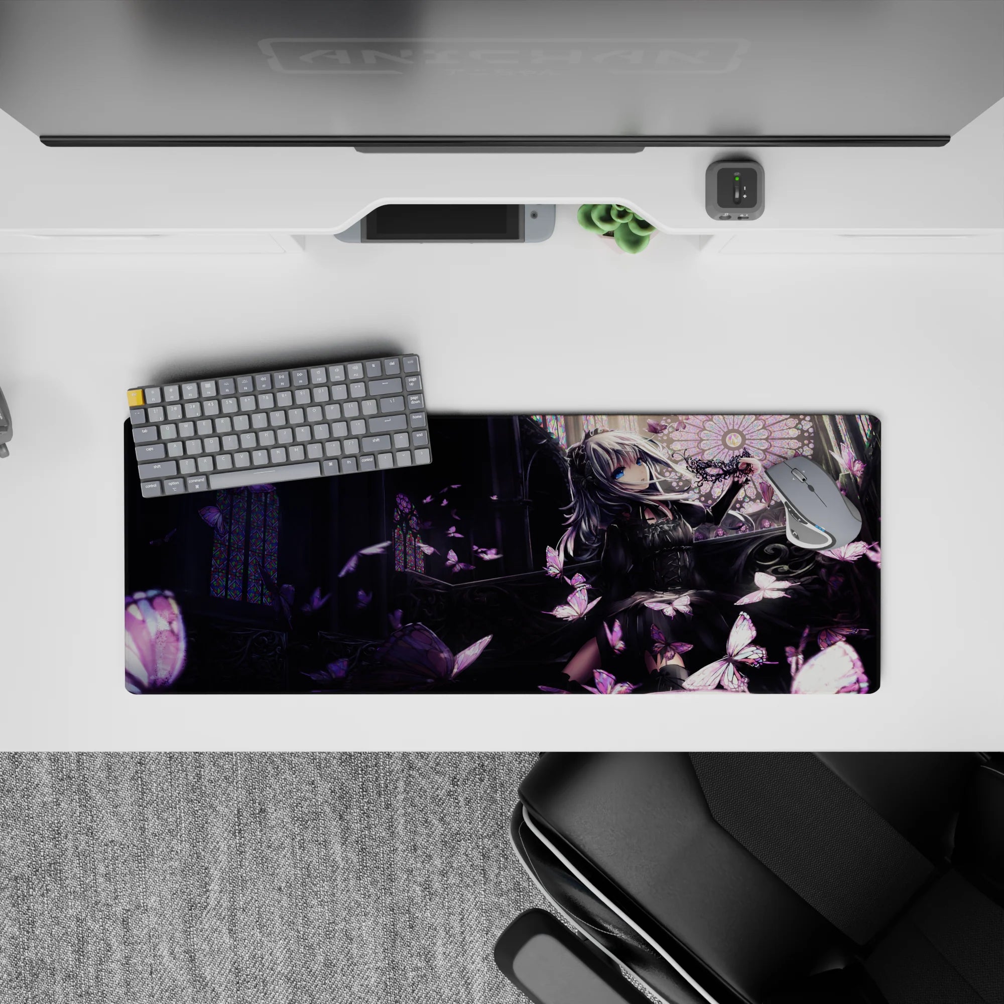 Moody purple and charcoal anime desk mat 32x12 inches with rose highlights and dreamy gothic vibe.