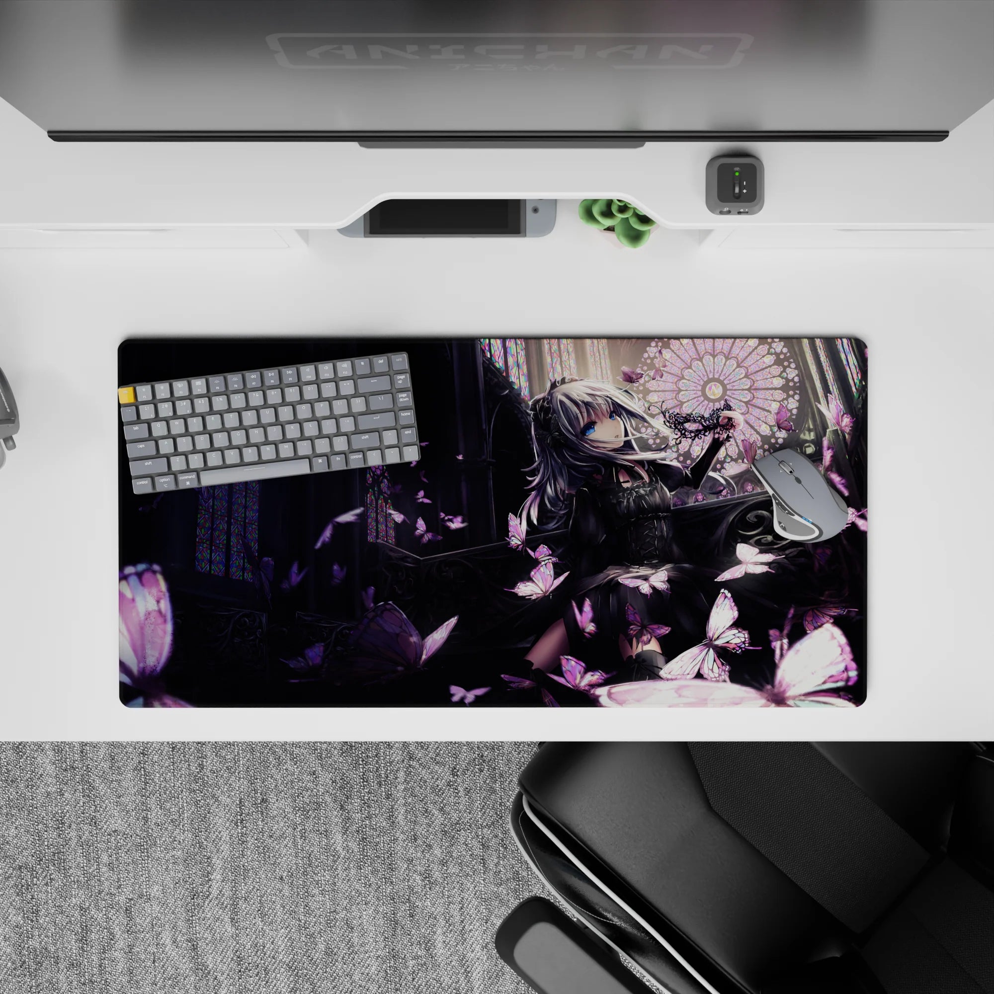 32x16 inches anime girl mouse pad in deep purples and charcoal shadows with rose highlights and dreamy calm mood.