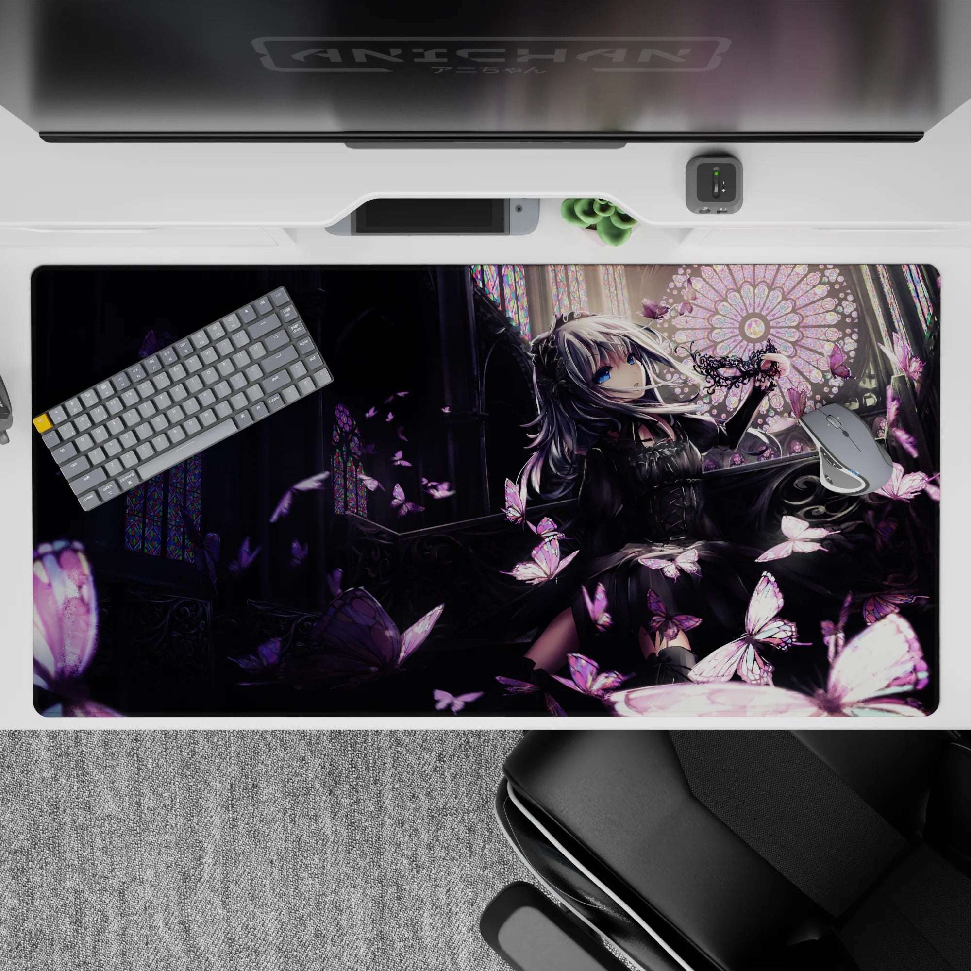Moody purple and charcoal anime desk pad 40x20 inches with rose highlights and dreamy night vibe.