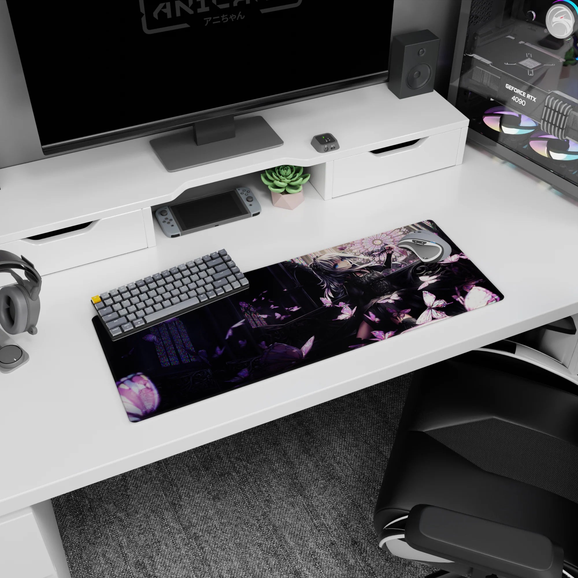 Silver-haired anime girl in black lace by stained-glass windows mouse pad 32x12 inches with pink butterflies.