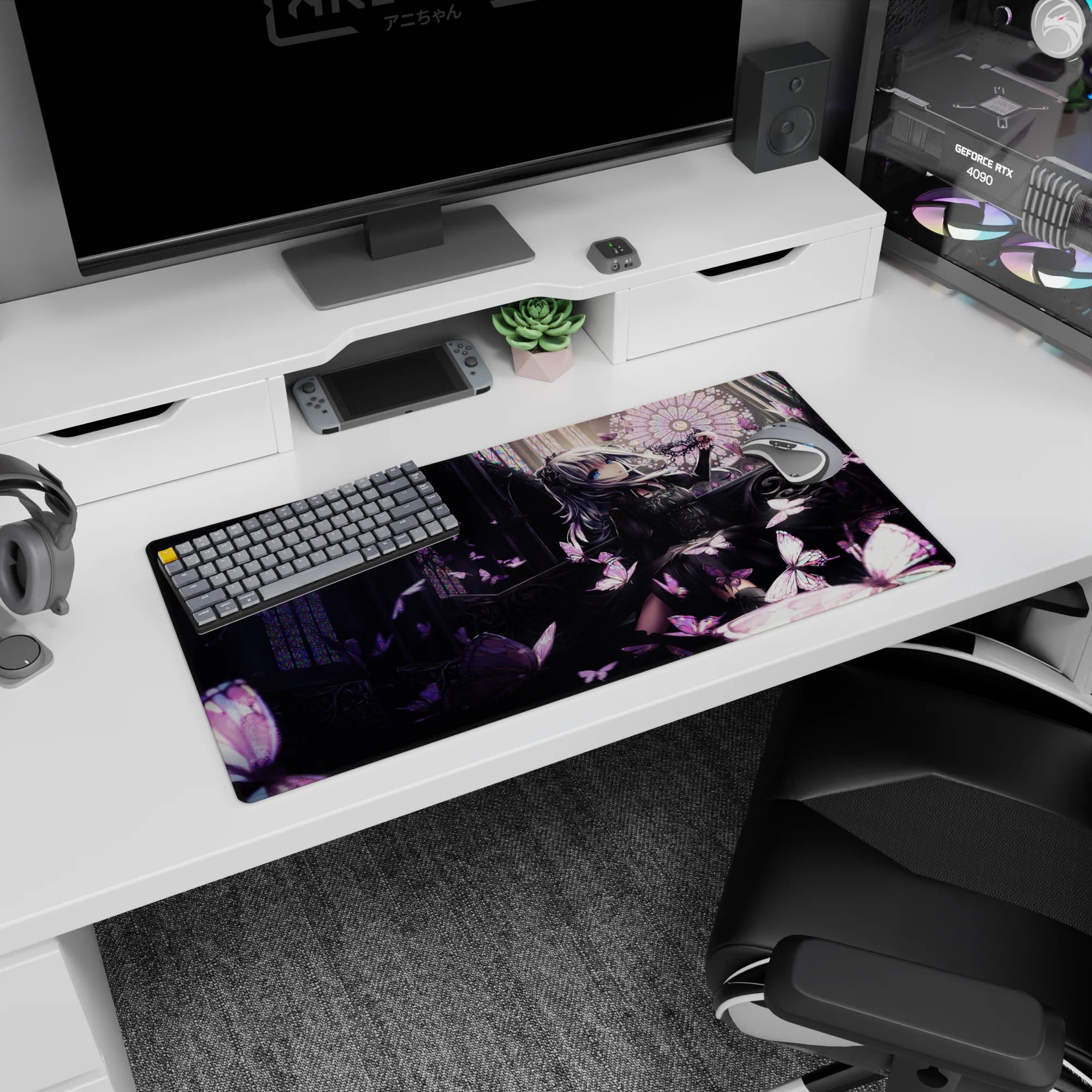 32x16 inches anime girl mouse pad featuring silver-haired girl in black lace by stained-glass with pink butterflies.
