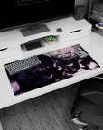 32x16 inches anime girl mouse pad featuring silver-haired girl in black lace by stained-glass with pink butterflies.