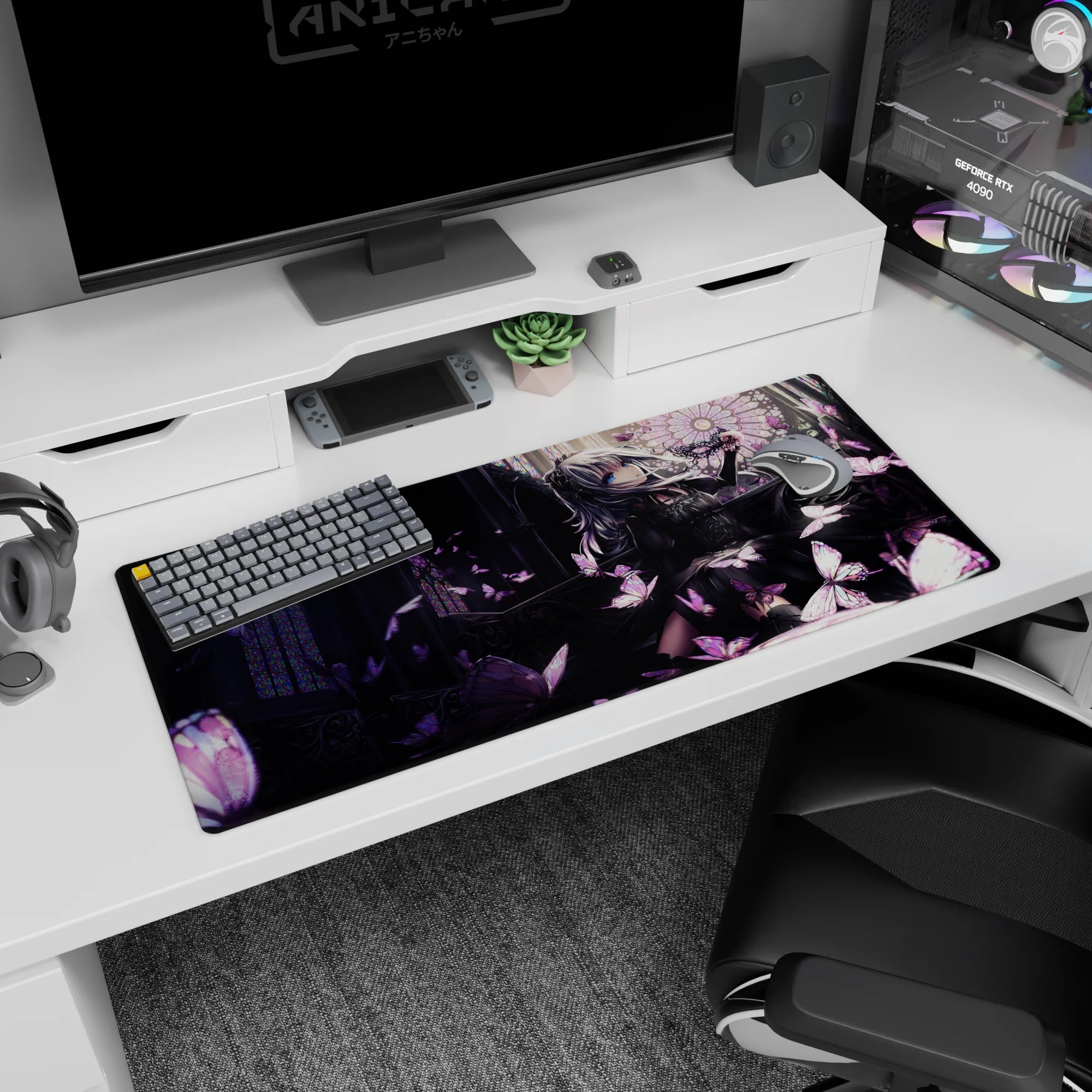 Silver-haired anime girl in black lace by stained-glass windows on a 36x16 inches desk pad with butterflies.