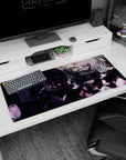 Silver-haired anime girl in black lace by stained-glass windows on a 36x16 inches desk pad with butterflies.
