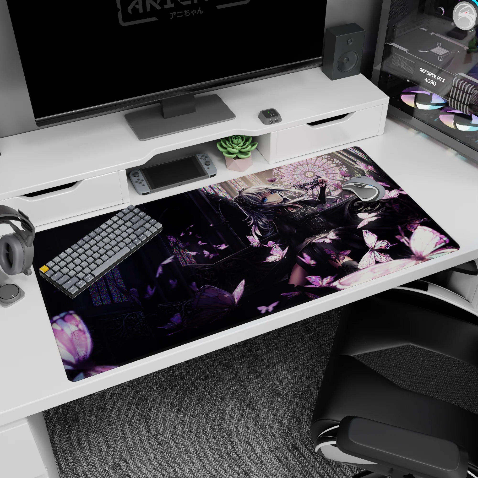 Silver-haired anime girl in black lace by stained-glass windows on a 40x20 inches desk pad.