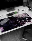 Silver-haired anime girl in black lace by stained-glass windows on a 40x20 inches desk pad.