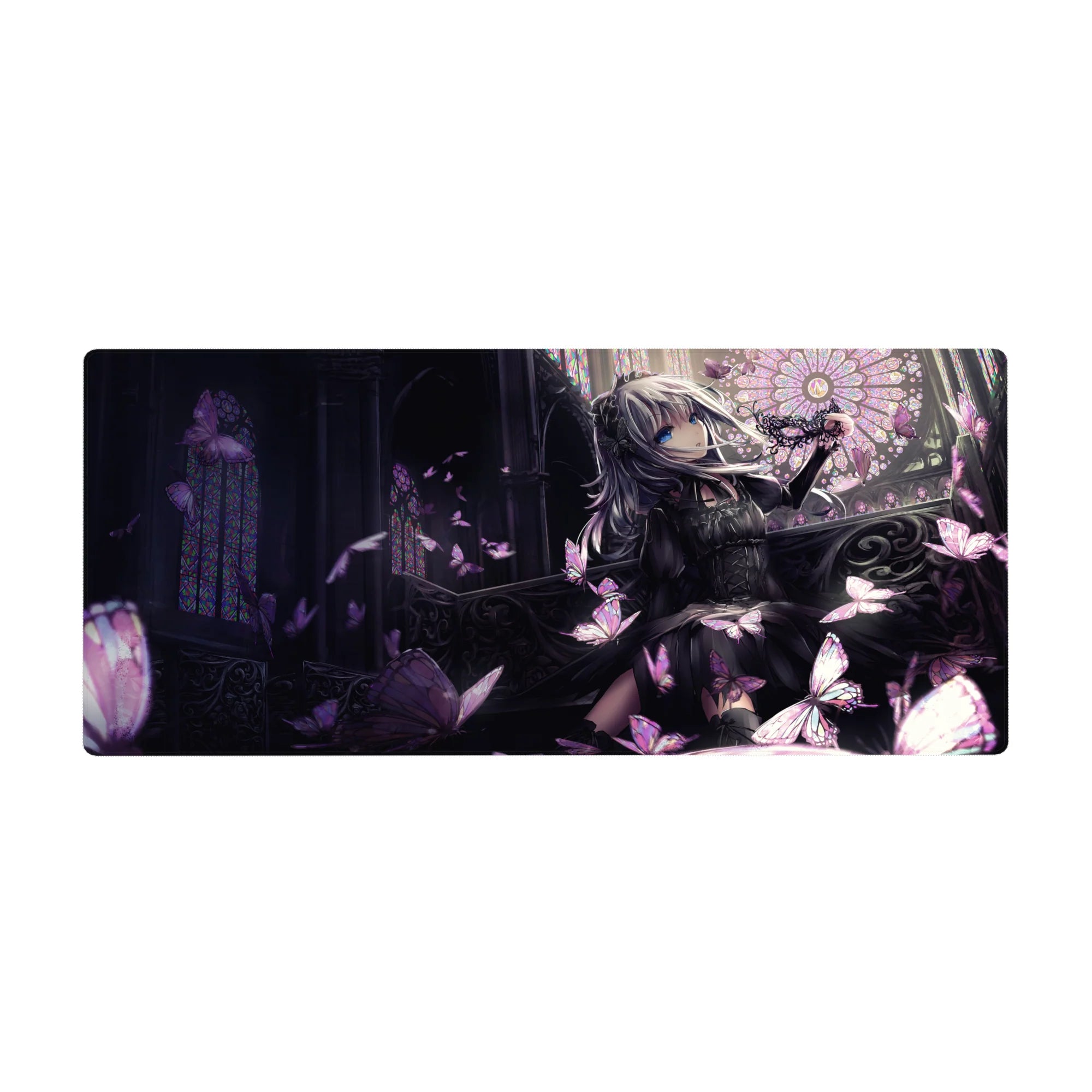 Gothic anime girl desk pad 36x16 inches with stained-glass arches, lace details, and pink butterflies.