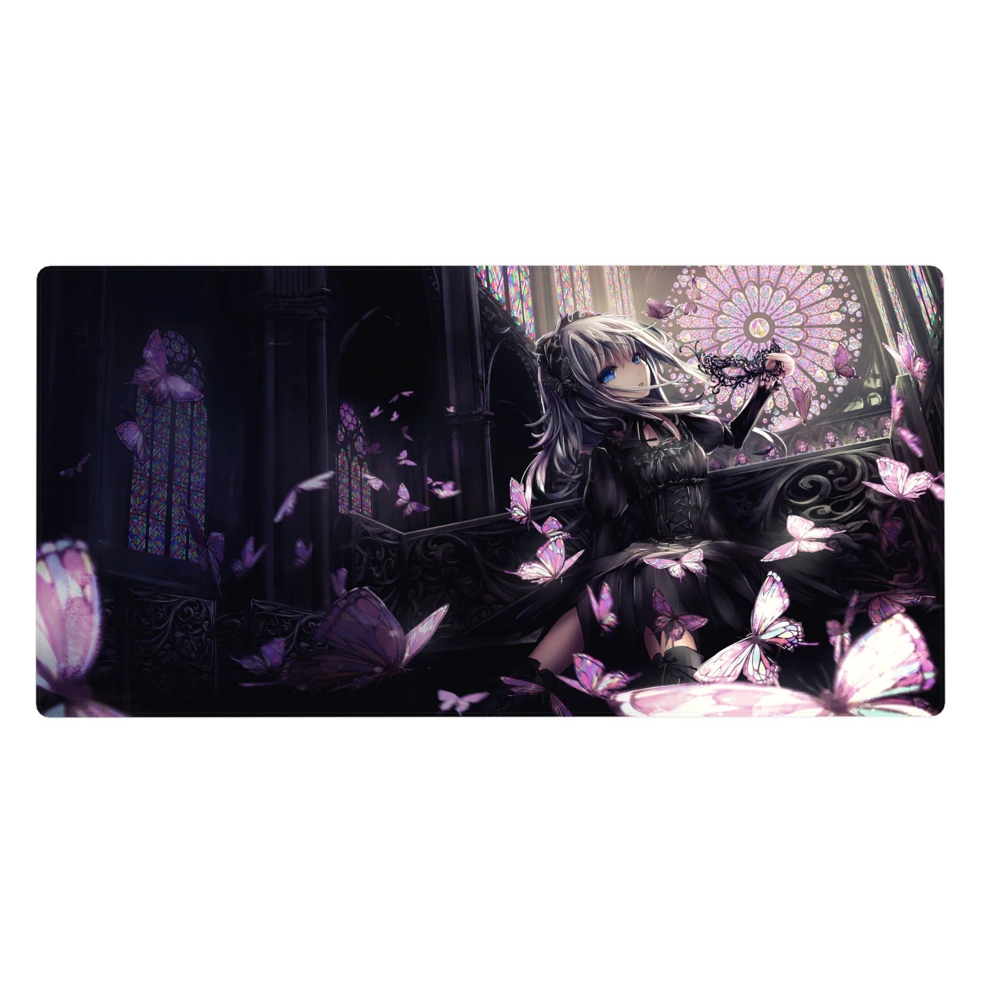 Gothic anime girl desk pad 40x20 inches with stained-glass arches, lace dress, and butterflies.