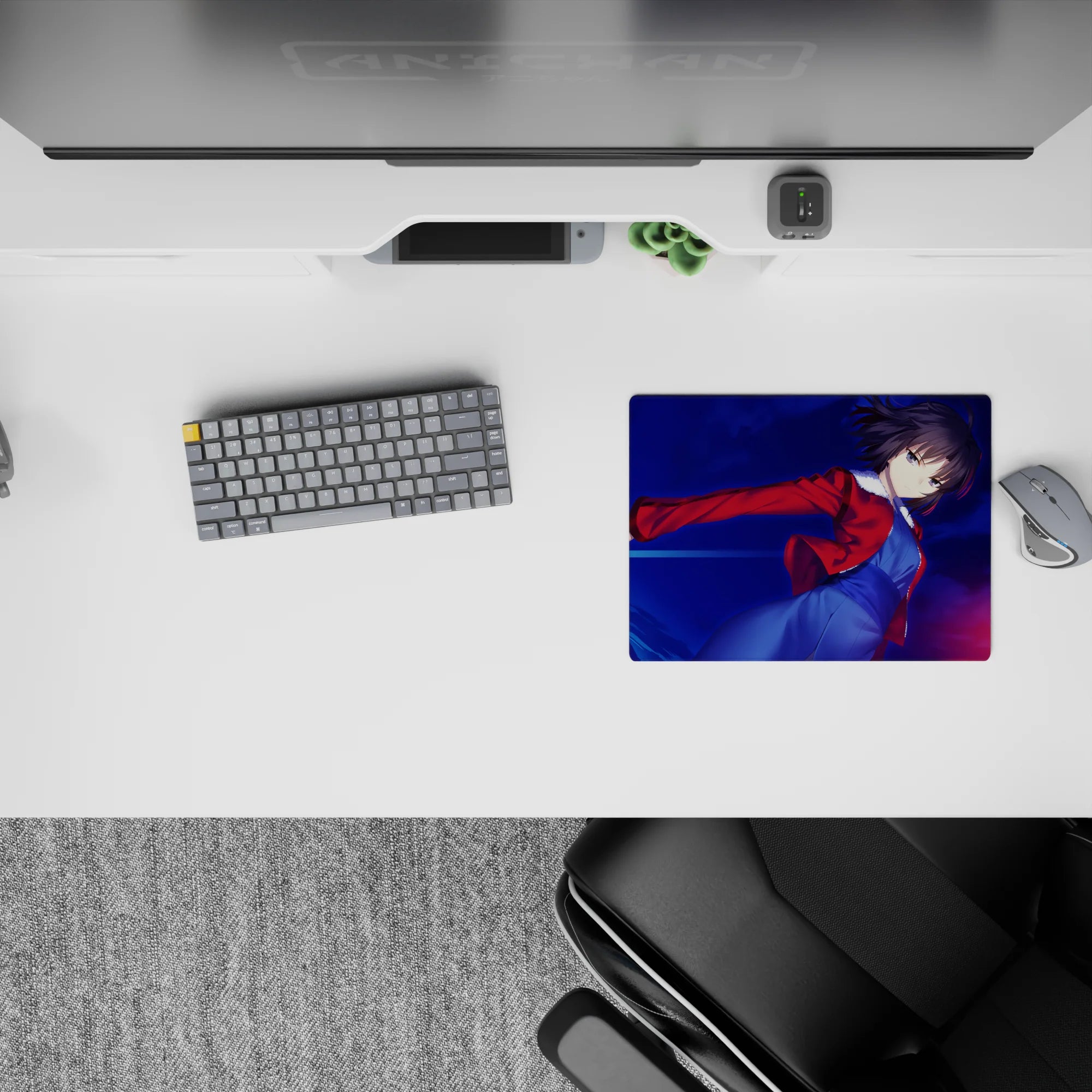 Neon-streaked midnight blue anime girl mouse pad 14x10 inches with bold, dramatic cyber vibe.