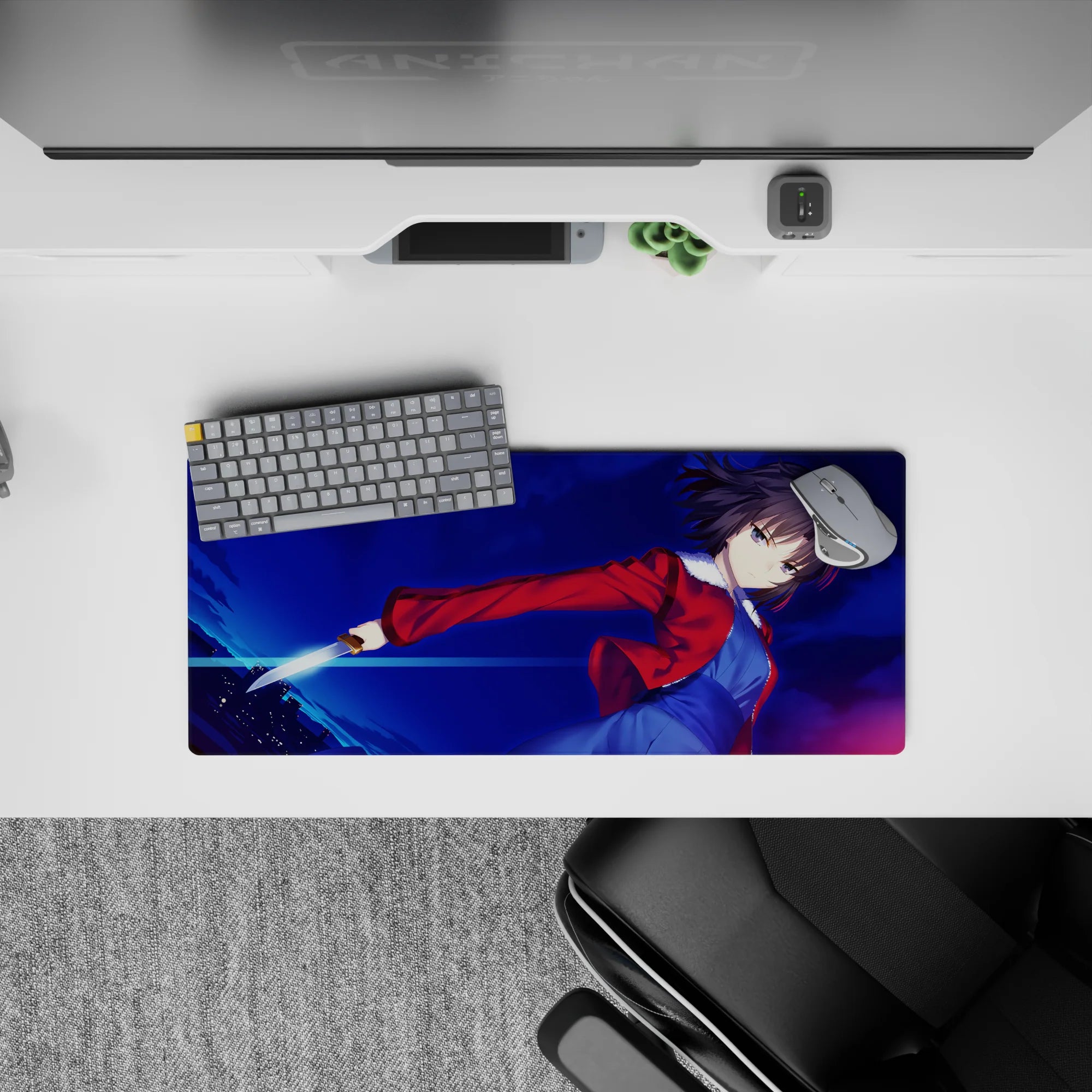 28x12 inches anime desk mouse pad in midnight blues with neon streaks, bold dramatic cyber-night vibe.