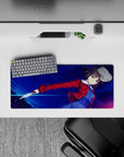 28x12 inches anime desk mouse pad in midnight blues with neon streaks, bold dramatic cyber-night vibe.