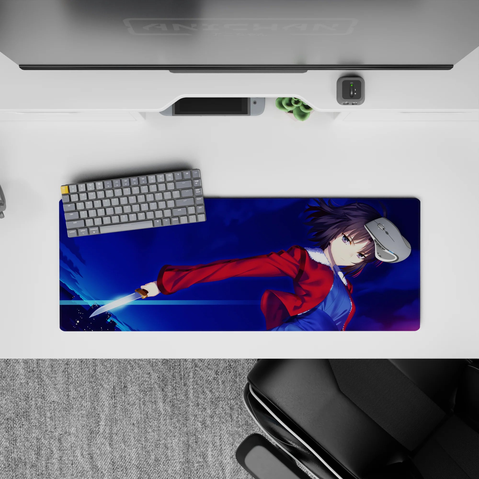 32x12 inches anime girl mouse pad in midnight blues with neon streaks, bold dramatic vibe for gaming desk.