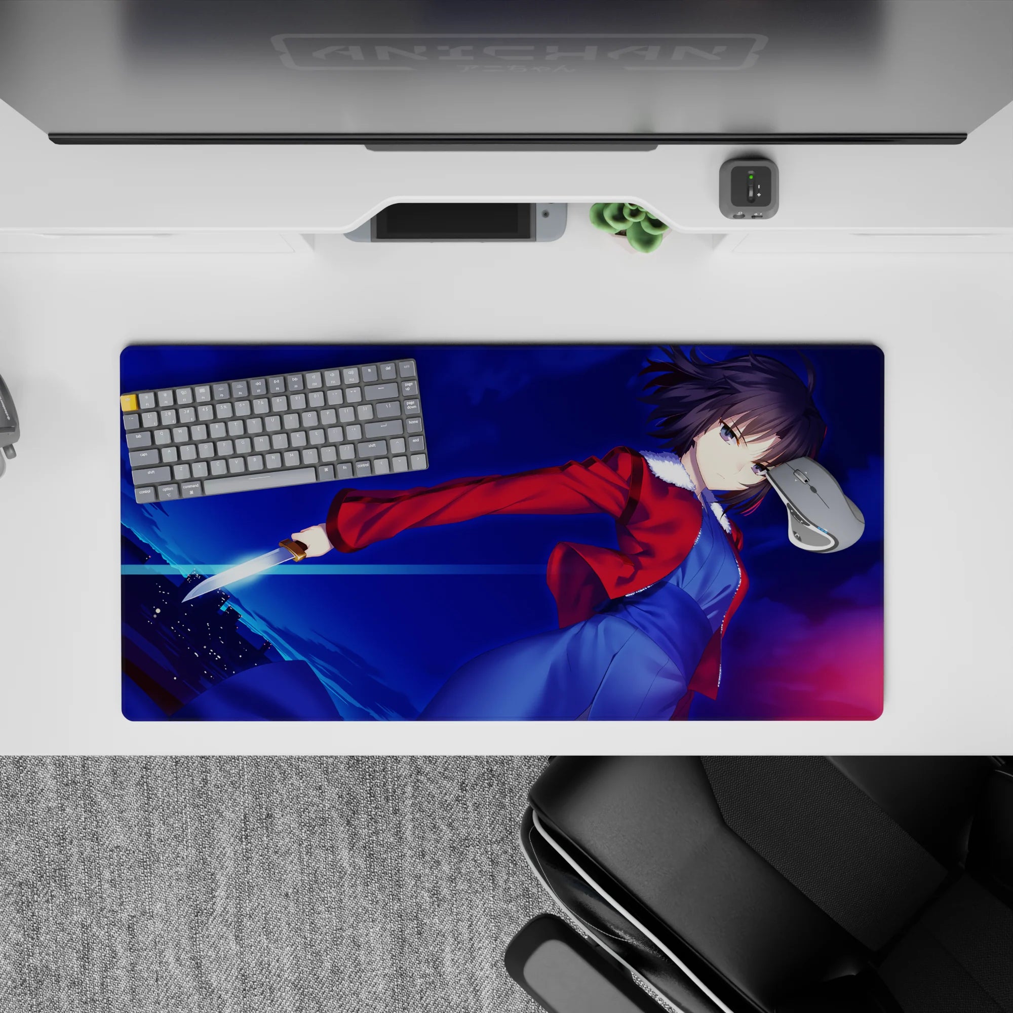 32x16 inches anime girl mouse pad in midnight blues with neon streaks, bold cyber mood for gaming desks.