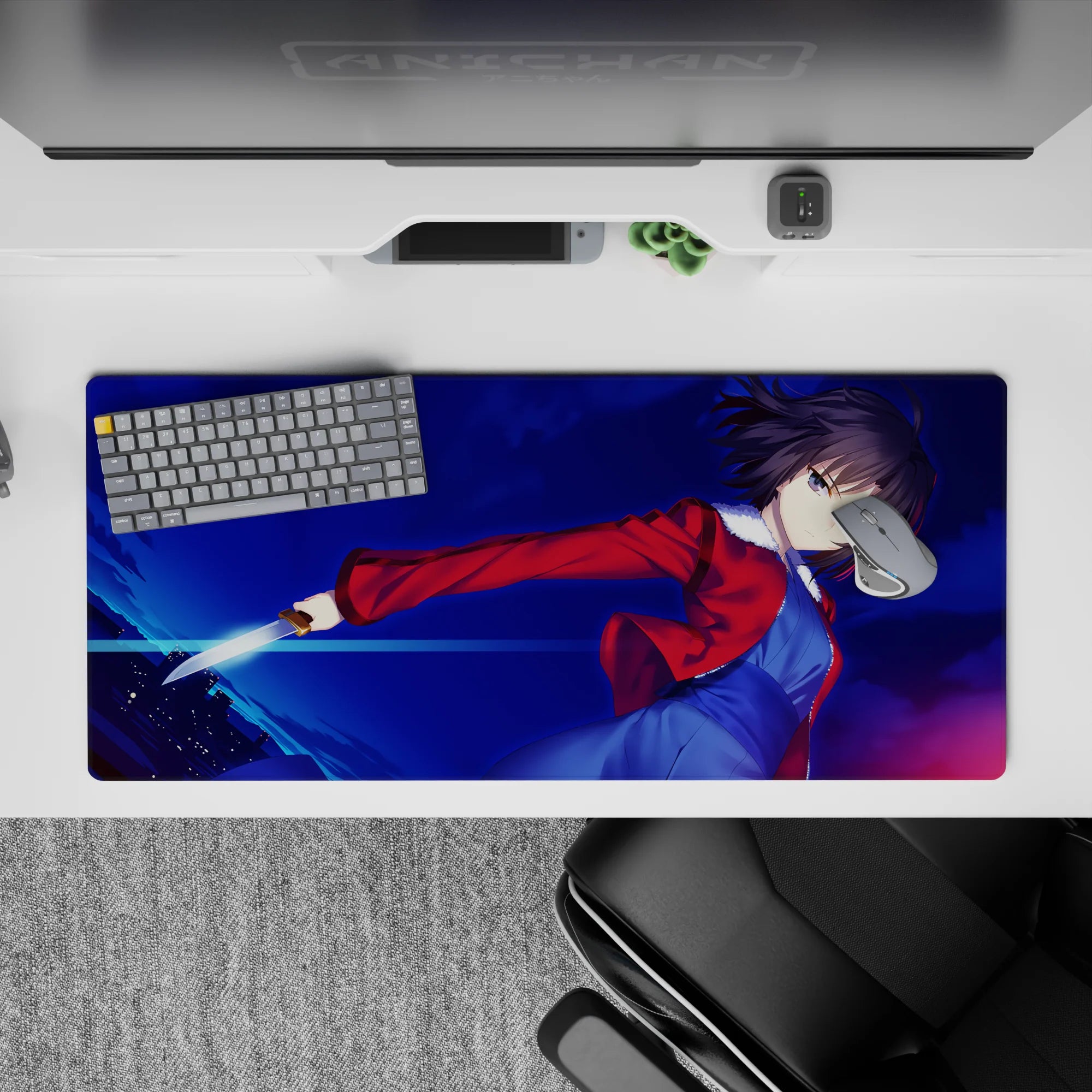 Midnight blue and neon streak anime desk pad 36x16 inches, bold cyber vibe with icy, dramatic energy.