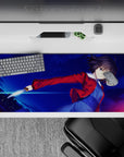 Midnight blue and neon streak anime desk pad 36x16 inches, bold cyber vibe with icy, dramatic energy.