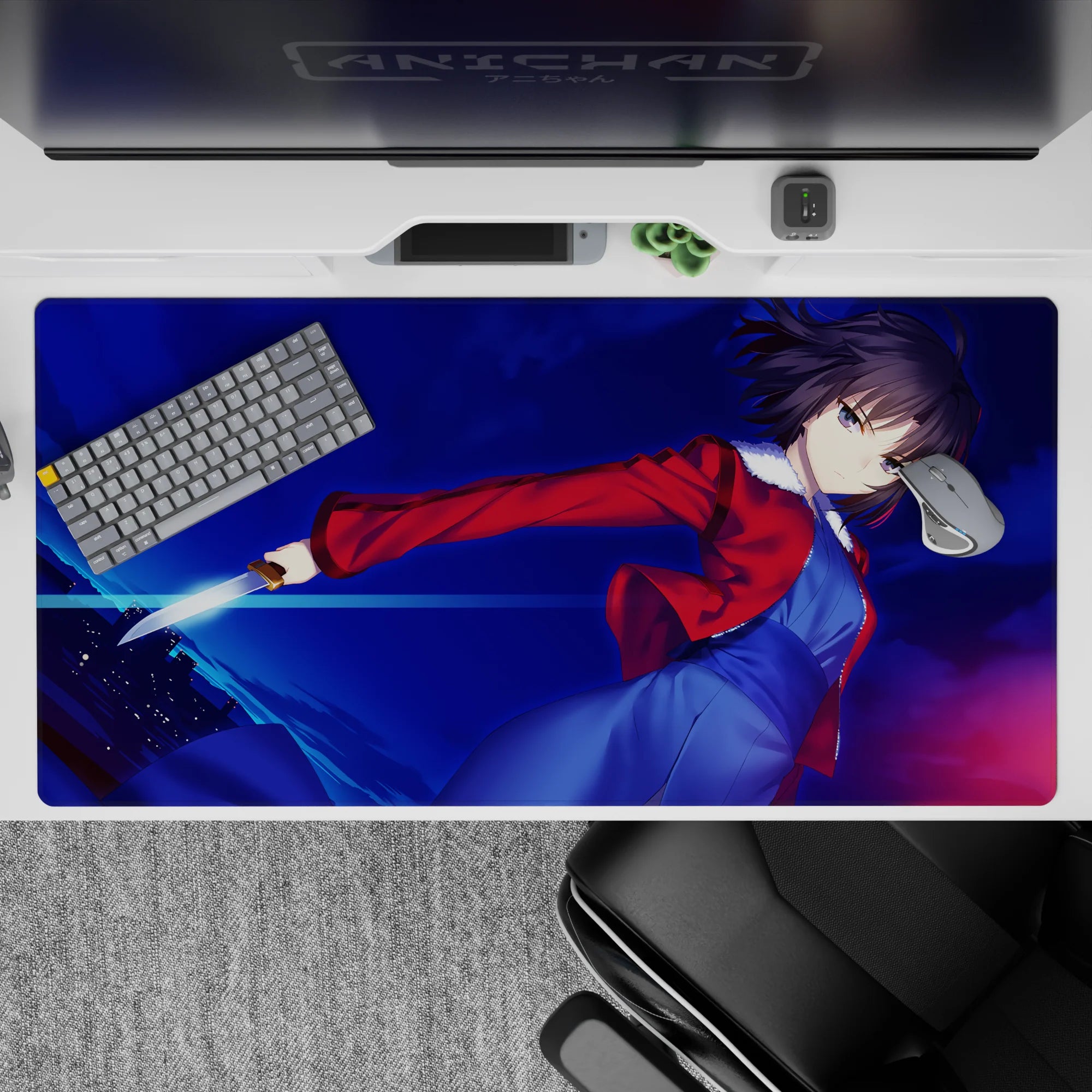 Midnight blue and neon streaks anime desk pad 40x20 inches with bold, dramatic cyber vibe.